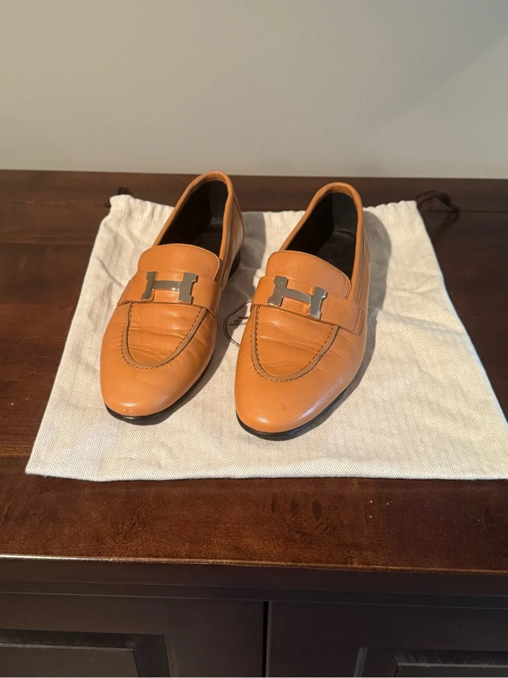 Authentic Hermes Paris Loafers Gold Tan Leather H Buckle Flats Size EU 36.5 US 6